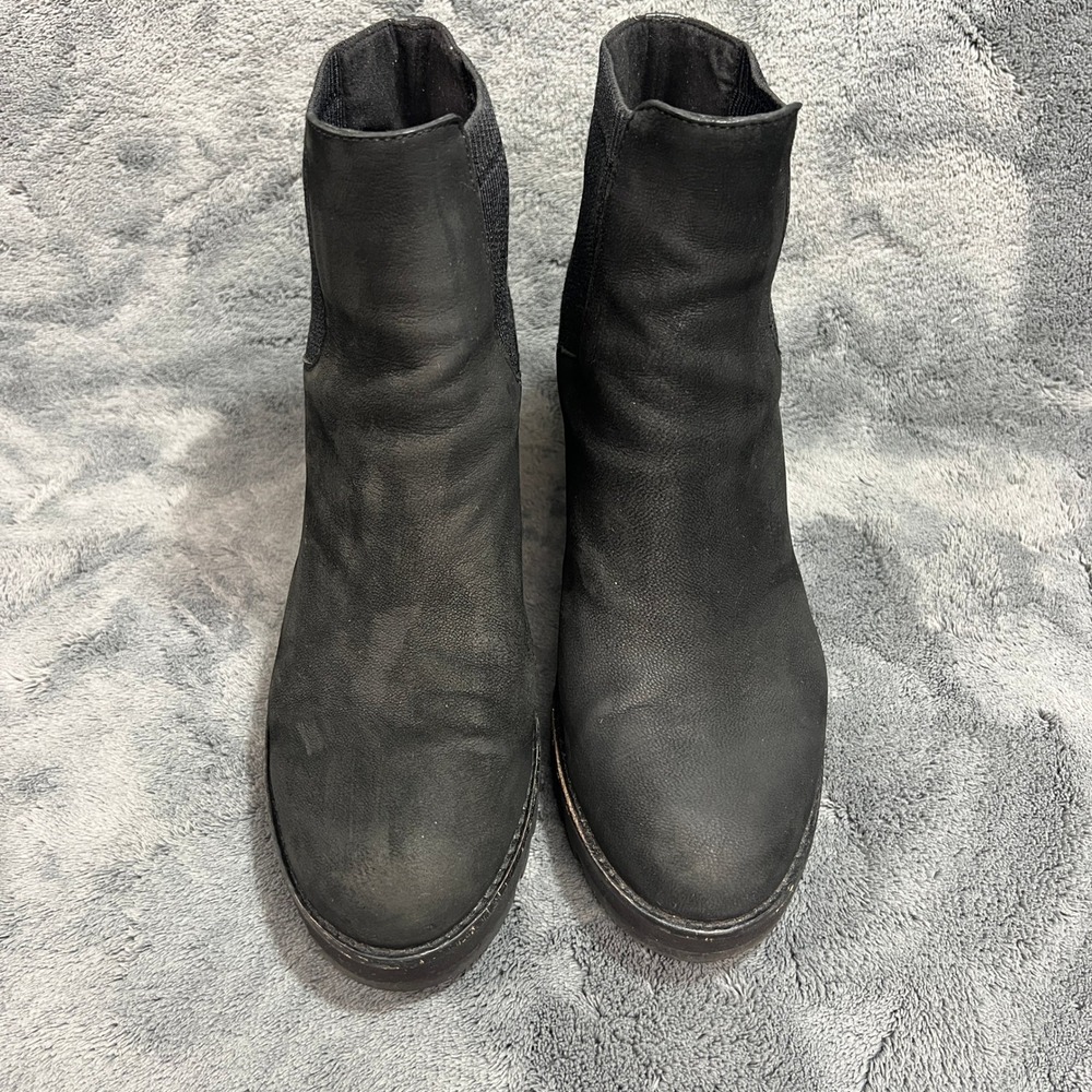 Eileen Fisher Black Leather Wedge Ankle Boots Stretch Knit Lug Sole 8.5 - Picture 5 of 12